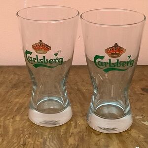 Lot of 2 Carlsberg Beer Fluted Pilsner Glasses Logo Pub Glass Barware 10oz.
